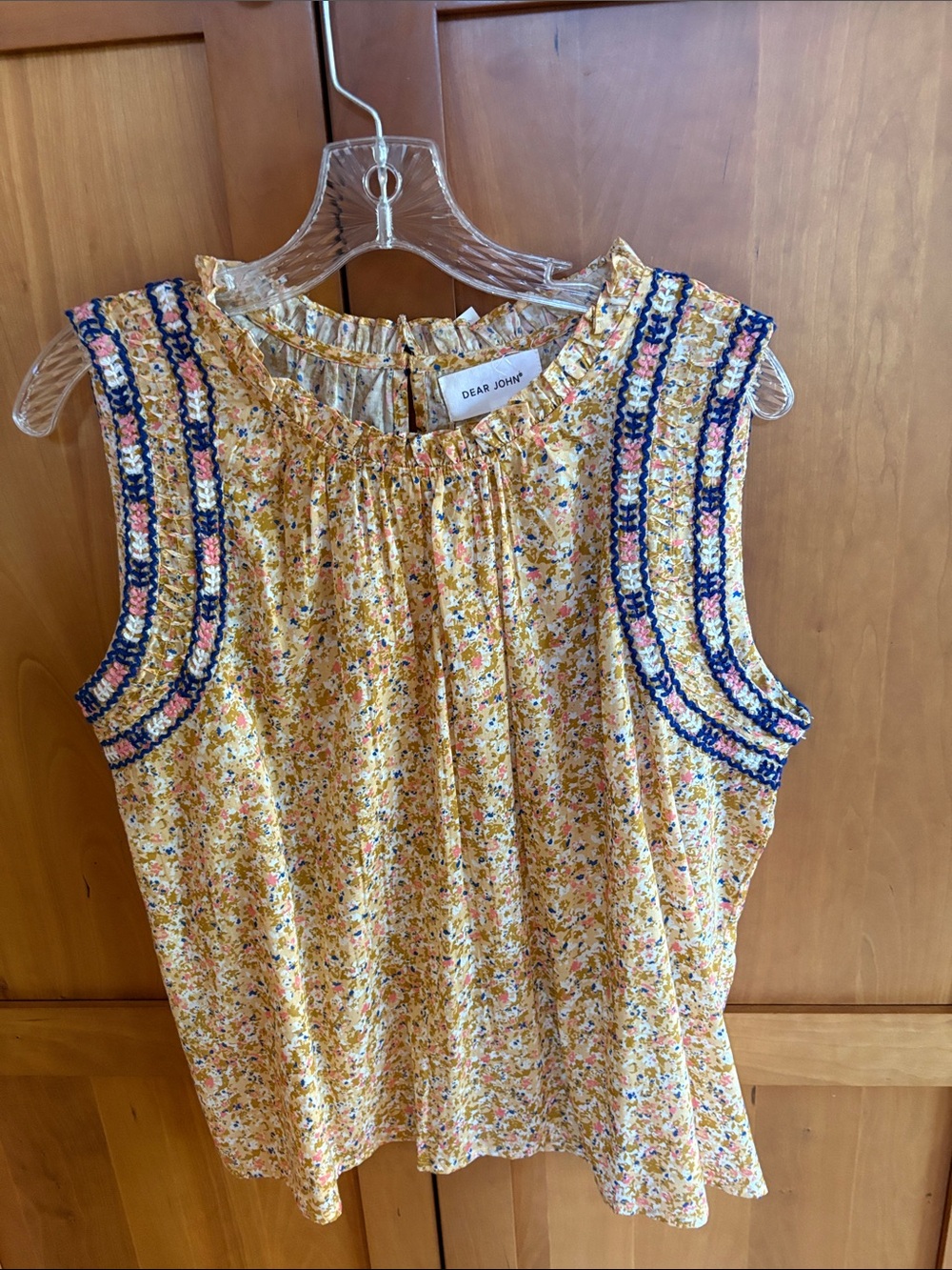 Dear John Yellow Floral Sleeveless Top with Navy & Pink Trim